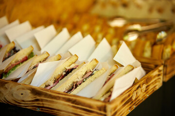 light snacks for a holiday, catering. Various light snacks. Catering plate. Sandwiches for a buffet table.