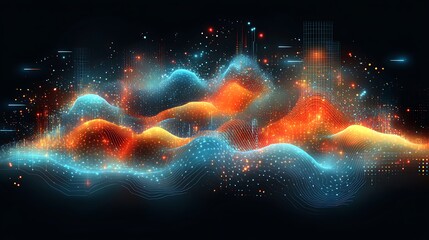 Abstract digital landscape with glowing blue and orange waves on a dark background.