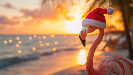 Santa-Hat-Wearing Flamingo Enjoying Sunset on Tropical Beach