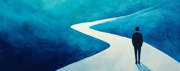 Businessman following winding road to success in surreal blue landscape