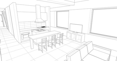 interior kitchen living room 3d illustration	
