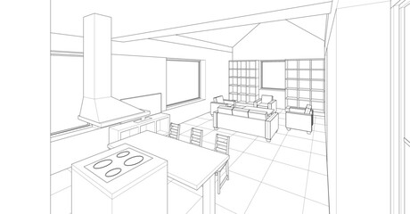 interior kitchen living room 3d illustration	
