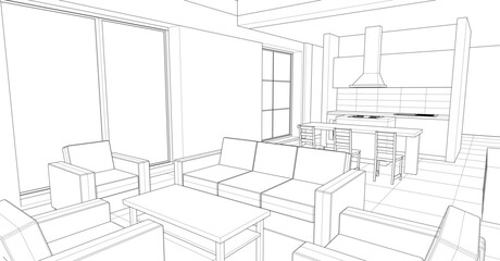 interior kitchen living room 3d illustration	
