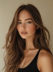 Naklejka premium Portrait of Beautiful Woman with Long Brown Hair and Natural Makeup