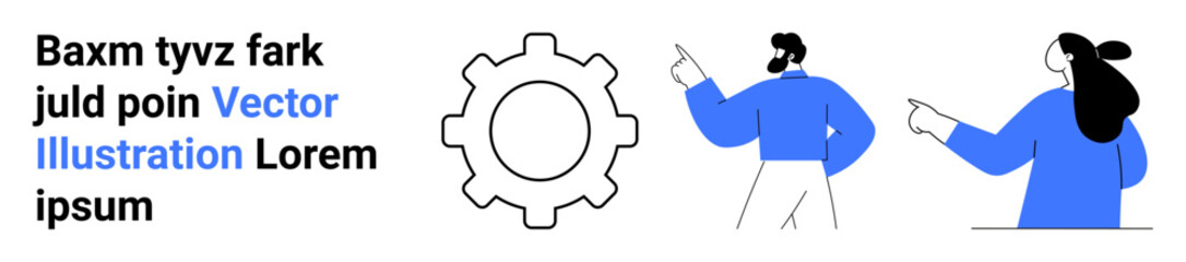 Two characters pointing at a large gear icon symbolizing teamwork and technical discussion. Ideal for technology websites, collaborative platforms, team management tools, educational content