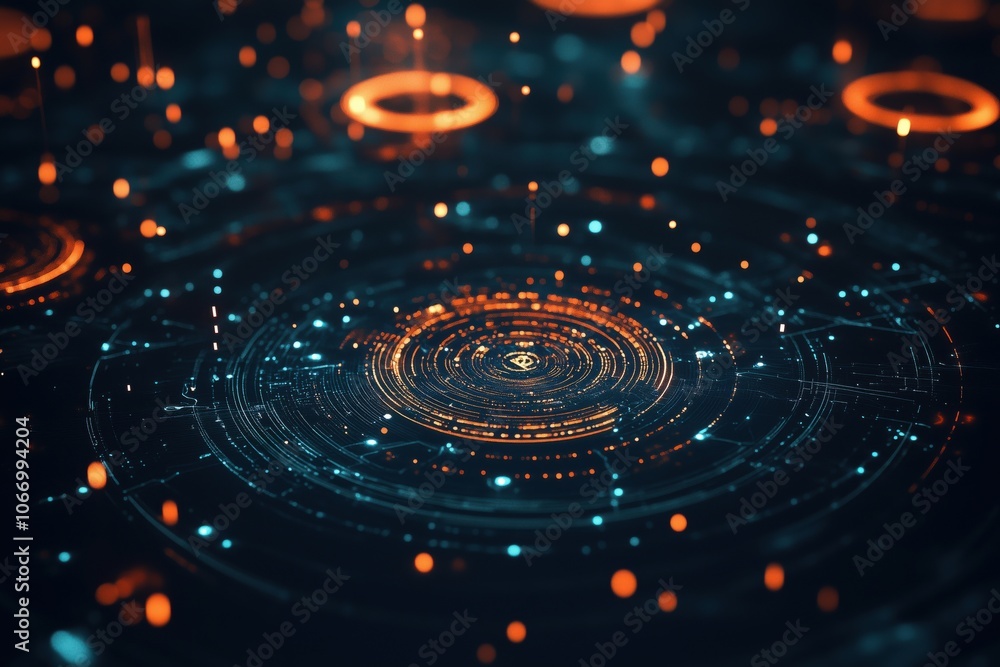 Poster abstract digital network visualization with glowing circles and lines