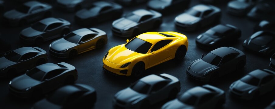 Yellow car standing out from the crowd of grey cars