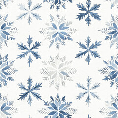 Blue watercolor snowflakes pattern on light background. Seamless pattern. 