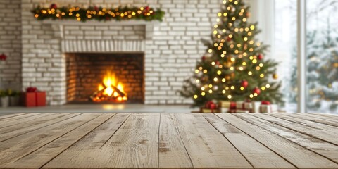 Wooden table in front of a glowing fireplace with bokeh lights and Christmas decorations. A cozy and warm holiday scene, perfect for winter gatherings and festive designs.
