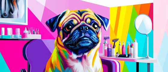 Pug Dog Groomed Stylish Pet Salon Painted with Care and Precision