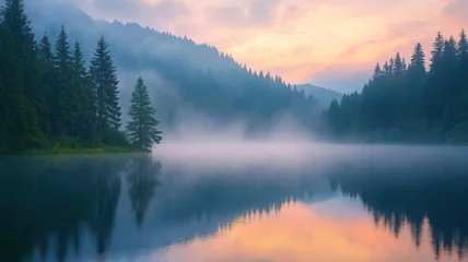 Tableau sur aluminium  Misty summer sunrise over Lacu Rosu lake revealing the tranquil beauty of Harghita County  © Kashem