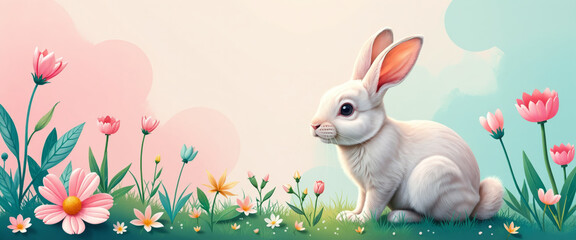Obraz premium Cute Easter bunny with colorful easter eggs in a green meadow