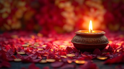 Illuminated Candle on Red Rose Petals with Golden Coins