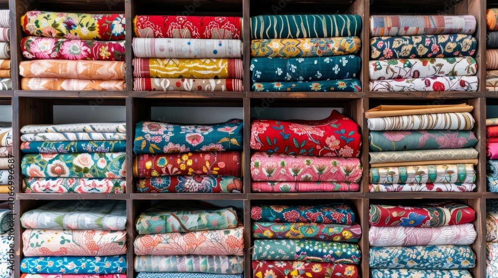 Poster a wall covered in shelves filled with different types of fabric organized by color and pattern.