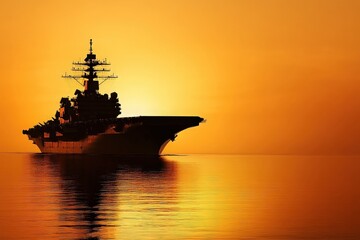 Silhouetted Battleship Against Sunset Background