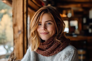 Smiling Woman in Cozy Sweater at Warm Cabin Setting