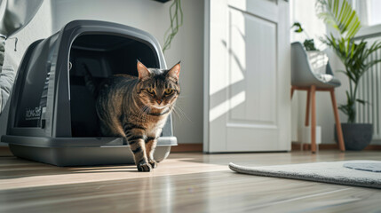 Tabby cat stepping out of litter box in sunlit room