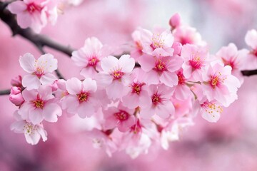 Obraz premium Cherry blossoms in full bloom, delicate pink flowers, soft background