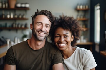A multiracial couple in an pet grooming spa laughing smiling smile.
