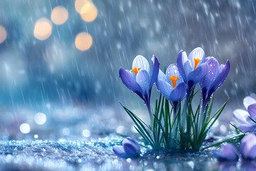 Beautiful crocus flowers blooming in rain with a bokeh background for springtime decoration