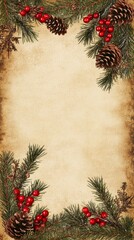 Christmas border on old parchment paper with pine cones and berries