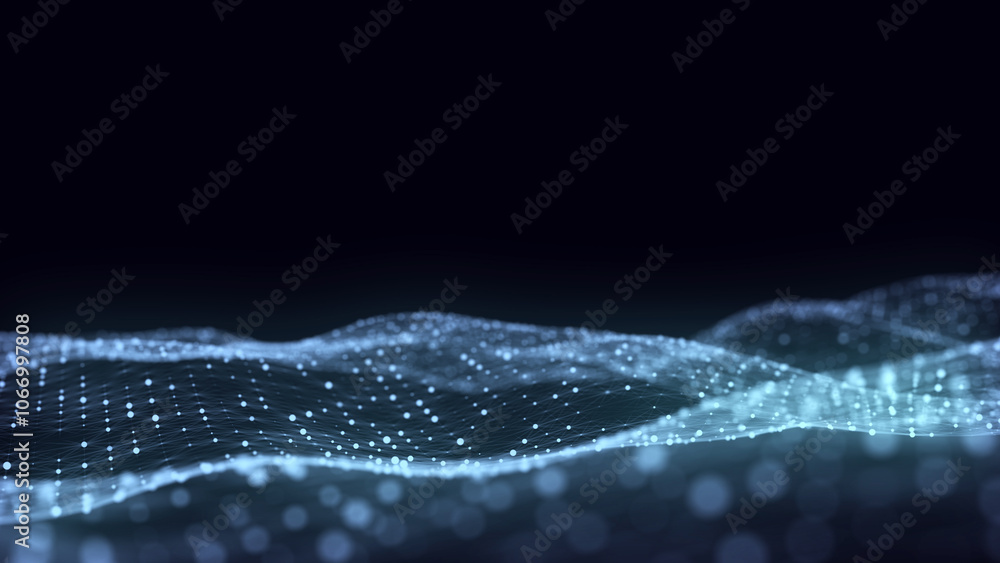 Poster dynamic blue wave of particles and lines. abstract futuristic background. big data visualization. 3d
