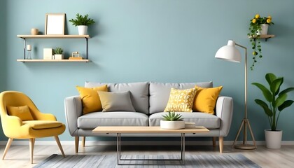 A modern living room with a gray sofa, yellow throw pillows, a wooden coffee table, and shelves with plants and decor on the wall.