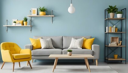 A modern living room with a gray sofa, yellow throw pillows, a wooden coffee table, and shelves with plants and decor on the wall.