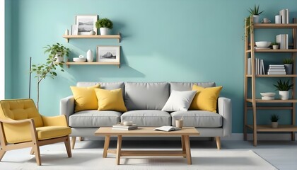 A modern living room with a gray sofa, yellow throw pillows, a wooden coffee table, and shelves with plants and decor on the wall.