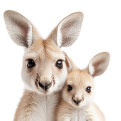 Obraz premium A father and baby kangaroo are standing next to each other. The baby kangaroo is smaller than the father