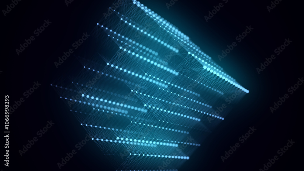 Poster Abstract wireframe cube. Network connection structure. Digital blockchain concept. Futuristic blue background with dots and lines. 3D rendering.