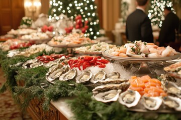 Festive seafood buffet with fresh oysters, crab, shrimp, and holiday decorations, perfect for seasonal celebrations.