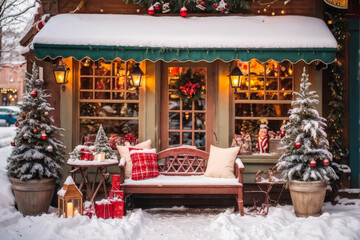 Cozy outdoor cafe decorated with Christmas trees, lights, and red ornaments, creating a warm and festive photo zone with a snow-covered ambiance. Generative AI