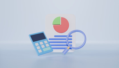 Analyzing business planning paper blank with magnifying glass 3d icon, Accounting savings financial economy