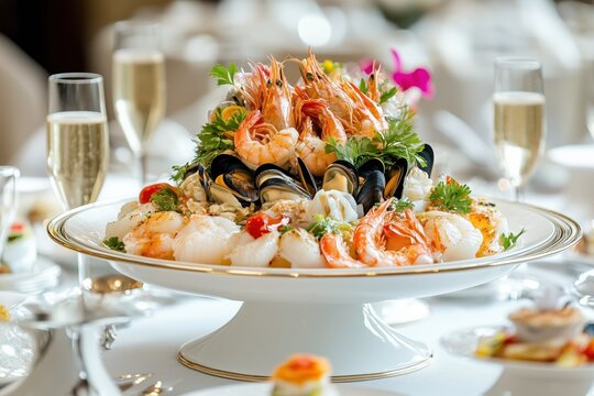 Luxurious seafood platter featuring shrimp, mussels, and scallops on a grand table with champagne, perfect for upscale dining events.