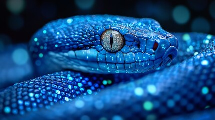 Fototapeta premium Blue viper snake coiled and staring with intense gaze