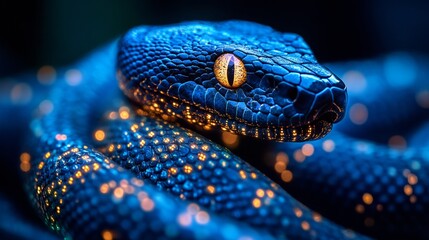 Fototapeta premium Bioluminescent blue snake coiled in the dark, showing its scales and eyes