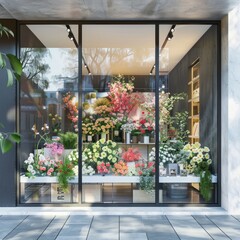 Minimal modern flower shop window mockup door blossom plant.