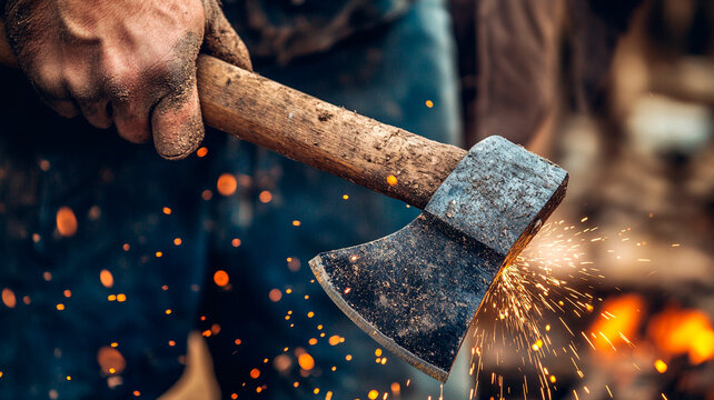 Close-up of men's hands sharpening an axe on an electric sharpener. Repair of home tools. Sparks fly.