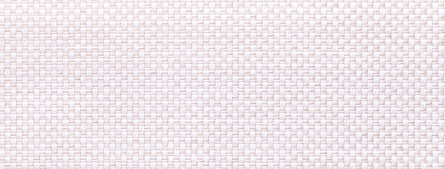 Texture white color background from woven textile material with wicker pattern, macro. Structure of vintage fabric