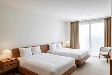 Naklejka premium A simple hotel room interior with white beds. Standard room hotel concept.