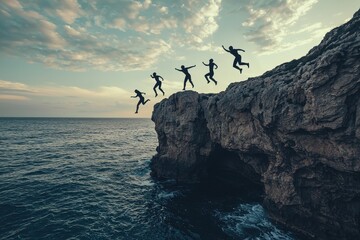 A group of people are jumping off a cliff into the ocean