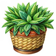 Plant in wicker pot isolated on white background