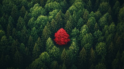 Bright red tree standing out in green forest