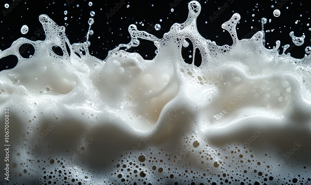 Poster close up view of wet shaving foam creates dynamic splash effect, showcasing texture and movement of 