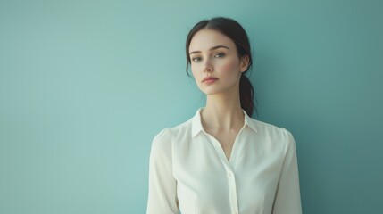 A poised businesswoman standing alone against a muted pastel background her arms gently at her sides her expression serene and focused representing elegance and confidence in simplicity