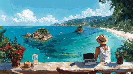 Traveler working on a laptop in a beach café, combining work and travel