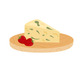 Cheese roquefort with strawberries on white background. Pieces of blue cheese on plate. Gourmet French cheese. Vector illustration.