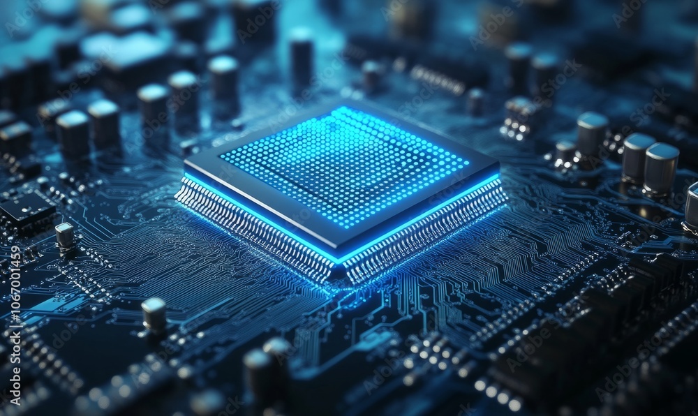 Poster close-up of a modern microprocessor with glowing blue circuit board elements, showcasing advanced te