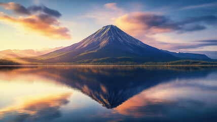 Fototapeta premium Morning light illuminating a volcanic mountain reflected in the serene waters of a tranquil lake